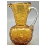 Hand Blown Amber Crackle Glass Pitcher