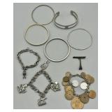 Vintage Silver Toned Bangles and Charm Bracelet