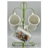 (4) Norman Rockwell Porcelain Mug and VTG Mug Tree