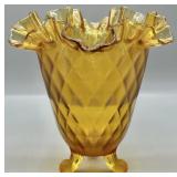 Fenton Amber Diamond Optic Threaded Footed Vase