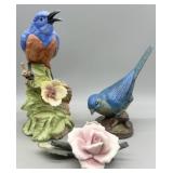 Vintage Porcelain Blue Bird Figurines & Rose Decor