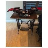 Singer table and vintage sewing box with contents