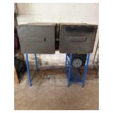 2 wooden chests, metal framed table, and trash can