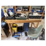 Homemade wooden table and contents