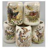 (5) Vintage German Pottery Wildlife Beer Steins