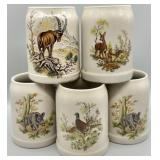 (5) Vintage German Pottery Wildlife Beer Steins