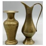 Vintage Brass Etched Ewer & Vase