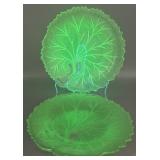 (2) Indiana Glass Pebble Leaf Uranium Glass Plates