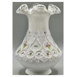 Fenton Violets In Snow Spanish Lace Vase