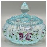 Fenton Blue Opalescent Melon Trellis Powder Jar