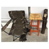 2 folding chairs and UT wooden barstool