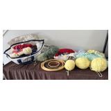 Large assortment of crochet yarn and hoops