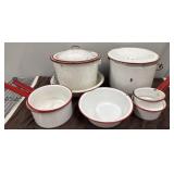 Miscellaneous enamel pots, pans, and bowls