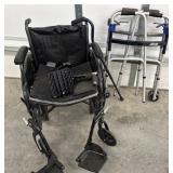 Wheelchair, cane, and 2 walkers