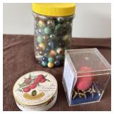 Vintage jacks and assortment of marbles