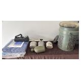 Hunting bucket, canteens, metal detectors, tarps