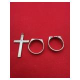 2 sterling silver rings and sterling silver cross