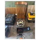 Tools, crate of electric cords, wooden chair