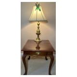 Queen Anne Style End Table & Brass Lamp