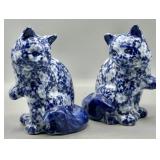 Blue & White Porcelain Chintz Ceramic Cat Statues