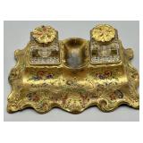 Antique Brass & Crystal Double Inkwell Desk Set