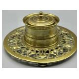 Antique Solid Brass Ornate Hinged Inkwell