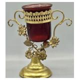 Antique Gilt Brass & Ruby Red Glass Alter Lamp