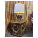 Tooled Wooden End Table & Lamp