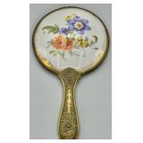 Floral Porcelain and Repousse Brass Hand Mirror