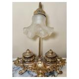 Antique Brass Victorian Double Inkwell Lamp