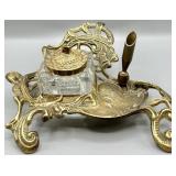 Victorian Brass and Glass Inkwell w/Pen Holder Se