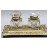 Antique Brass and Crystal Double Inkwell Set