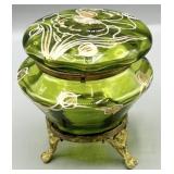Handpainted Glass Brass-Footed Dresser Box