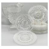 Footed Glass Vintage Pitcher and Assorted Plates