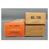 Lionel Postwar O 736W Steam Locomotive and 736W Tender Original Boxes ONLY