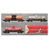 Three American Flyer S gauge Tank cars with one Original Box