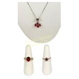 STERLING AND GARNET PENDANT NECKLACE & TWO RINGS