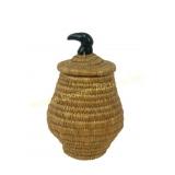 INUIT WOVEN GRASS BASKET WITH CARVED STONE FINIAL