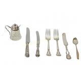 7 PIECES - STERLING FLATWARE + CONDIMENT JAR