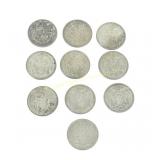 TEN CANADIAN SILVER 1945-1966 50 CENT COINS