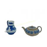 19TH C WEDGWOOD DRABWARE TEAPOT + JASPER PITCHER