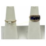 TWO 10K GOLD RINGS - PEARL AND IOLITE