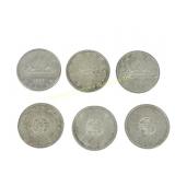 SIX CANADIAN 1963-1964 SILVER DOLLAR COINS