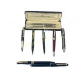 LOT OF NINE FOUNTAIN PENS BALLPOINTS AND PENCILS