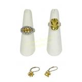 TWO STERLING CITRINE RINGS PLUS  EARRINGS