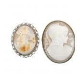 TWO STERLING AND 800 SILVER CAMEO BROOCHES