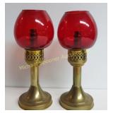 MASON CANDLESTICKS WITH CRANBERRY SHADES