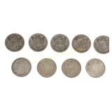 NINE CANADIAN 1940-1965 SILVER 50 CENT COINS