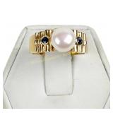 14K GOLD PEARL AND BLUE SAPPHIRE RING