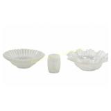 THREE WHITE OPALESCENT GLASS BOWLS AND VASE